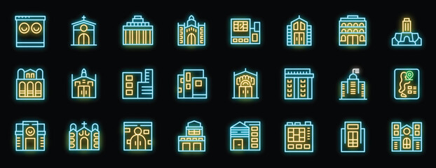 Poster - Neon icons showcasing diverse buildings, from classical structures to modern skyscrapers, illuminating urban landscapes