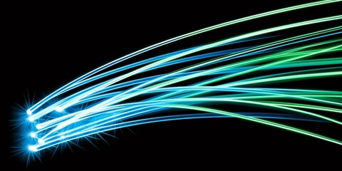 Aufkleber - Fiber optic cables transmitting data create vibrant, glowing curves and lines against a deep black background, showcasing modern technology's innovation