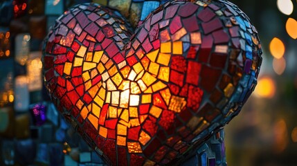 Poster - A Mosaic Heart Shining with Warm Light, an Artful Symbol of Love and Affection
