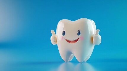 Cartoon tooth with a bright smile giving thumbs up for oral health