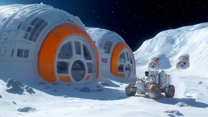 Wall Mural - lunar outpost with futuristic habitats and rover exploring a moon terrain