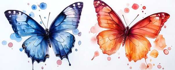 Two bright butterflies on a white background, watercolor illustration, watercolor