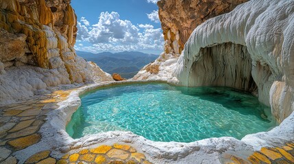 Wall Mural - Mountaintop mineral pool with valley view, sunny sky.