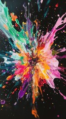 Poster - Vibran neon colors against a deep black background, featuring dynamic splashes of fluorescent green, yellow, and orange paint. This energetic color burst creates a striking cosmic effect.