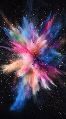 Poster - Vibran neon colors against a deep black background, featuring dynamic splashes of fluorescent green, yellow, and orange paint. This energetic color burst creates a striking cosmic effect.