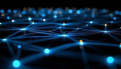 Poster - Abstract network connection, glowing blue nodes and lines on black background.