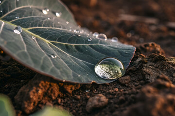 Sticker - A close-up of a leaf with water droplets, resting on earthy soil, showcasing nature's beauty and the interplay of light and texture.