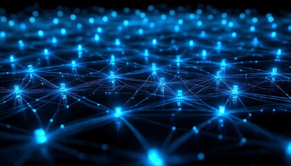Poster - Abstract network connection. Glowing blue nodes and lines illustrating digital communication and technology.