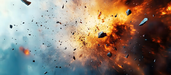Poster - Dynamic explosion with fragments in vibrant colors and ample space for text overlay.