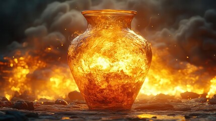 ancient glass jar unleashing swirling golden sandstorm dramatic lighting vast desert landscape magical realism style