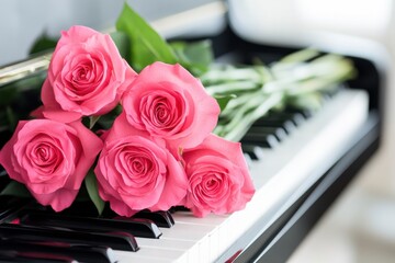 Canvas Print - Bold magenta flower bouquet resting on a black piano under soft lighting enhancing the vibrant petals