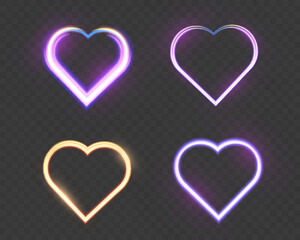 Poster - Glowing heart shapes with sparkles and light effects on dark transparent background. Designs include fiery, golden, and neon elements suitable for romantic or festive themes.
