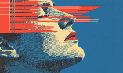 Poster - Dynamic Abstract Portrait with Linear Patterns in Bold Colors Reflecting Modern Graphic Design and Artistic Expression