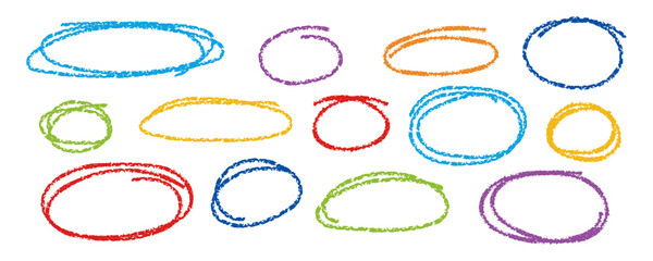 Poster - Hand drawn colorful outline oval elements with crayon texture. Playful textured shapes for highlighting and emphasis. Cute colorful stroke circle for children design