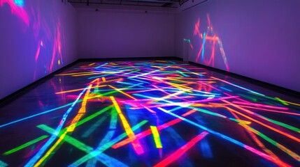 Poster - Abstract colorful light patterns projected onto a floor and walls in a dark room