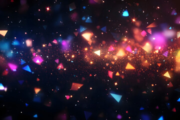Poster - Colorful geometric light reflections with flashes and particles on dark background. Abstract space theme with vibrant colors, futuristic design.