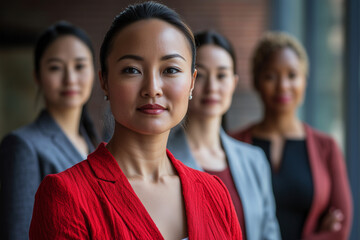 Poster - group of women in suits and red jackets are posing for a photo. The women are all dressed professionally and are smiling for the camera. Concept of confidence and unity among the group