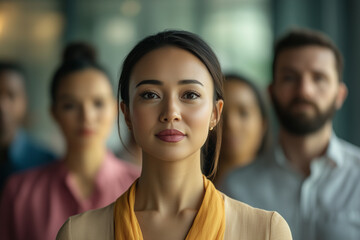 Poster - woman with a yellow scarf stands in front of a group of people. The woman is smiling and looking directly at the camera. The group of people are standing behind her, with some of them looking at her