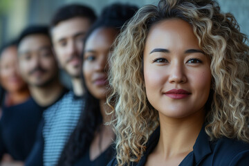Poster - group of people are standing in a line, one of them is a woman with curly hair. She is smiling and looking at the camera