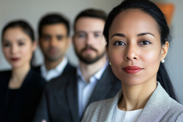 Poster - woman with a red lip stands in front of a group of men and women. The group is dressed in business attire, and the woman is the only one with a red lip. Concept of professionalism and confidence