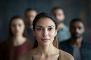 Poster - woman with a smile on her face stands in front of a group of people. The group consists of a man and three women. The woman is the center of attention, and the group appears to be posing for a photo