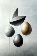 Poster - Intriguing Abstract Art Featuring Geometric Shapes in Surreal Composition Creating a Visual Illusion of Eggs and Blades Balancing in Minimalistic Aesthetic Design