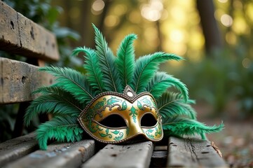 Colorful green and gold feather mask on wooden bench in forest environment