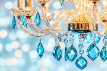 Wall Mural - Chandelier with turquoise crystals adding elegance to a soft-lit setting creates a tranquil atmosphere for relaxation and enjoyment