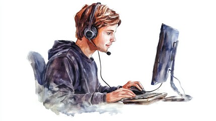 Poster - Young Person Working From Home - A watercolor painting of a young person wearing a headset, working at a computer.  They appear focused and engaged in their work.