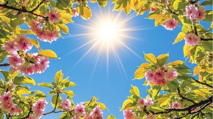 Poster - Natural spring floral background bathes a soft-focused blossoming cherry branch in sunlight. The scene features gentle pink sakura flowers against a blue sky on a sunny day, viewed macro