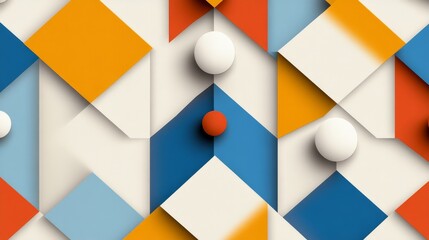 Poster - Abstract Geometric Pattern Design - Vibrant abstract background with geometric shapes and spheres in orange, blue, and white. Ideal for modern designs.