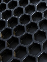 Poster - Abstract Black Honeycomb Close Up - Geometric hexagonal pattern, dark texture, repeating design, industrial feel, abstract background. Symbolizing: structure, order, precision, repetition, unity.