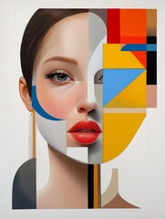 Poster - Abstract Cubist Portrait - A stylized female portrait, fragmented and reassembled in a Cubist style with bold geometric shapes and vibrant colors.