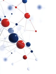 Poster - abstract network connection - red, blue, and white spheres connected by thin lines, representing a n