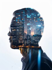 Poster - analyst cityscape double exposure - a double exposure image symbolizing urban planning, data analysi