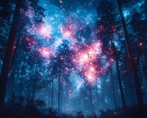 Poster - Magical forest at night with vibrant nebula.