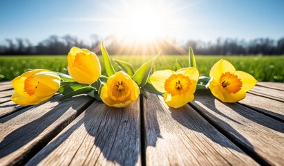 Poster - Wooden table in front of a fuzzy green backdrop of grass and flowers