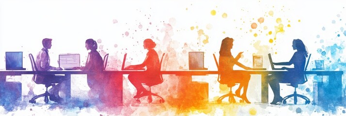 Poster - Collaborative Teamwork in Vibrant Workspace - Symbolizing collaboration, communication, innovation, productivity, and growth in a dynamic work environment.  Watercolor style.