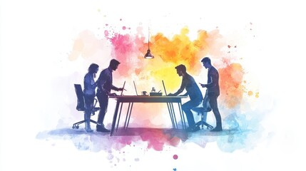 Poster - Collaborative Teamwork Concept - Silhouette of four colleagues working together at a table, vibrant watercolor background. Symbolizes collaboration, innovation, and teamwork.