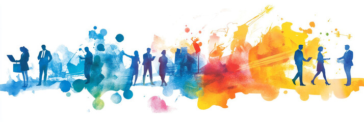 Poster - Collaborative Teamwork Success - Silhouette figures collaborating amidst vibrant watercolor splashes, symbolizing teamwork, innovation, and success.