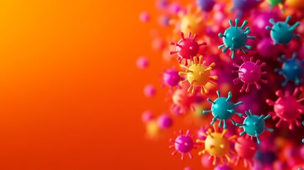 Poster - Colorful Virus Particles Background - Abstract image of vibrant, colorful virus particles floating against an orange backdrop. Ideal for science, health, or technology concepts.