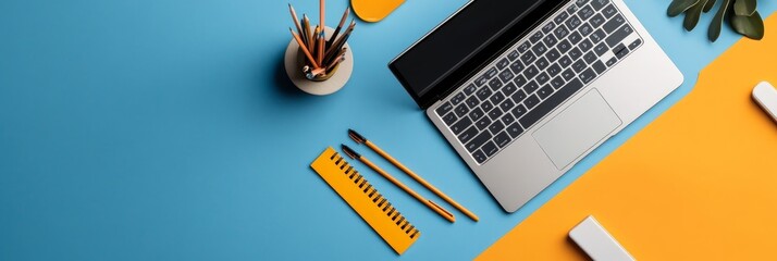 Poster - Colorful Workspace Laptop and Stationery - Vibrant workspace featuring a laptop, pencils, ruler, and plant. Symbolizing creativity, productivity, organization, technology, and growth.