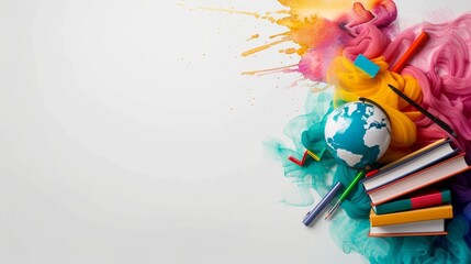 Poster - Colorful World of Education - A vibrant image featuring a globe, books, and colorful paint splatters, symbolizing global education and creativity.