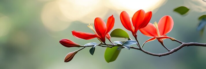 Poster - Coral Tree Blossoms in Sunlight - Vibrant red flowers, sunlit branch, gentle breeze, nature's beauty, tranquil scene. Symbolizing: Passion, growth, serenity, beauty, hope.