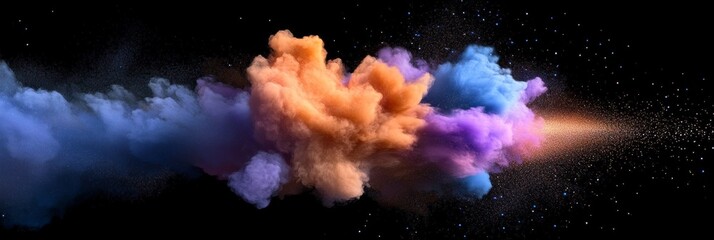 Poster - Cosmic Color Burst - Vibrant blue, purple, and orange clouds collide in a cosmic explosion against a black starry backdrop.