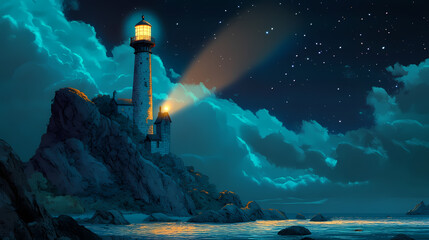 Wall Mural - night lighthouse sea