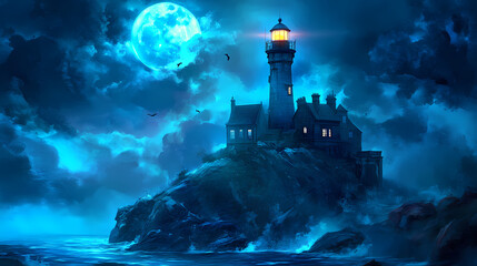 Wall Mural - night lighthouse sea