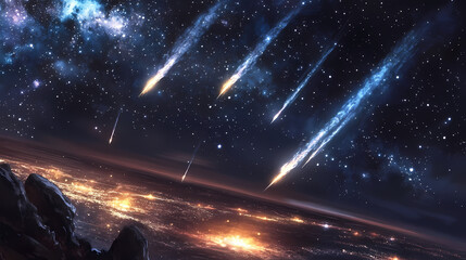 shooting star , meteor , star field , night sky , celestial body. midnight harbor. illustration