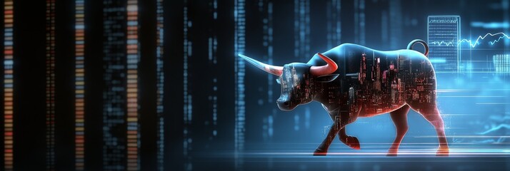 Poster - Digital Bull Market Charge - A powerful bull, composed of data streams, charges forward against a backdrop of financial charts, symbolizing a strong bull market.