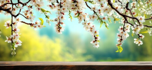 Poster - A spring garden with apple trees in the background and a white wooden table